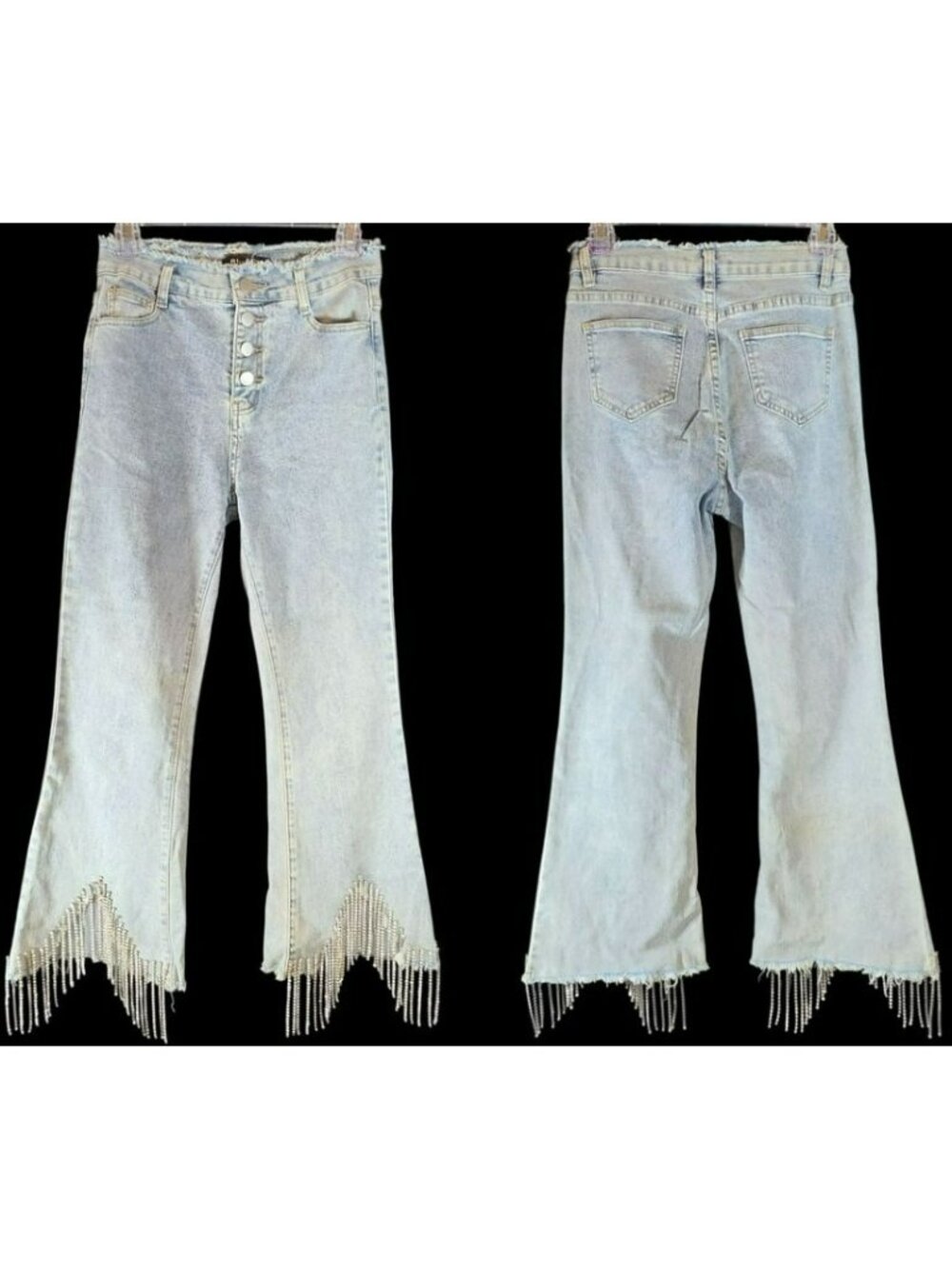 Blue B Collection Flared Denim Jeans Sz SM Rhinestone Fringe Frayed Button Fly